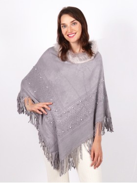 Beaded Solid Colour Poncho with  Faux Fur Neck and Fringes